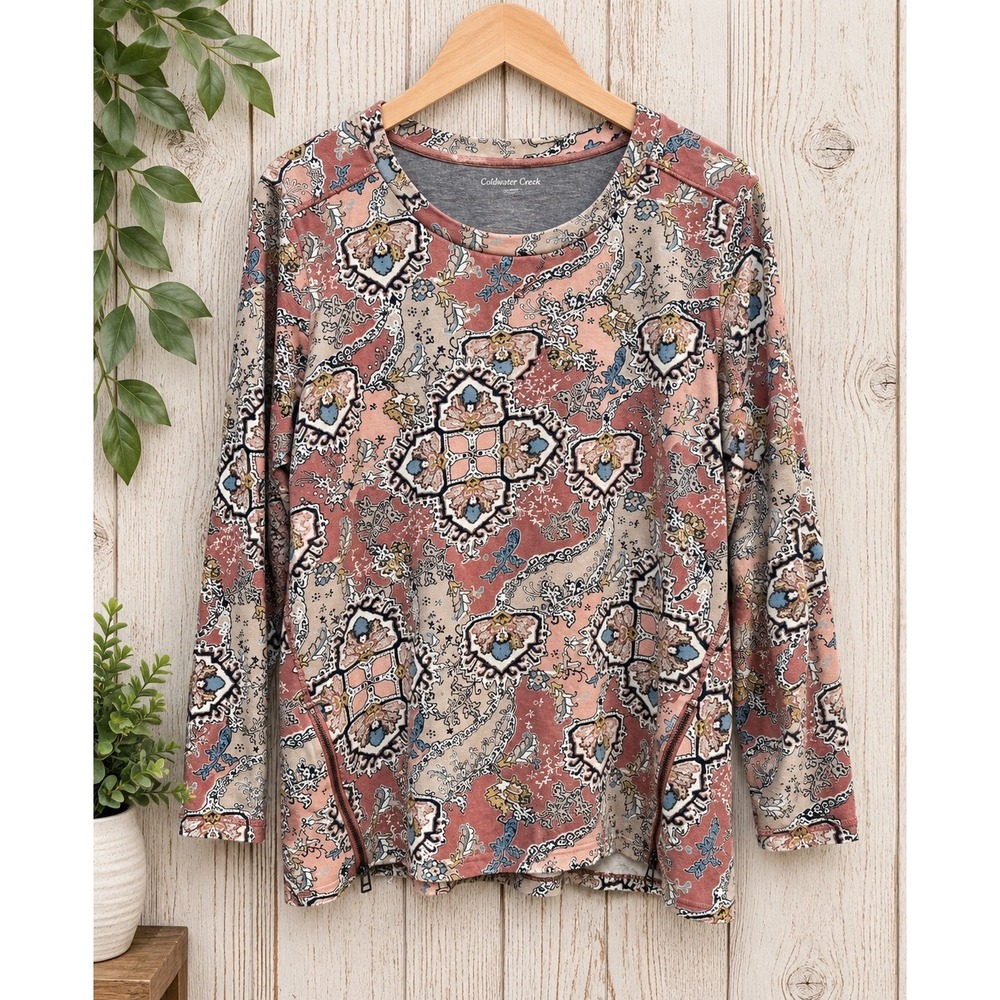 Coldwater Creek Womens XL Pink Paisley Medallion Side Zip Cotton Sweatshirt